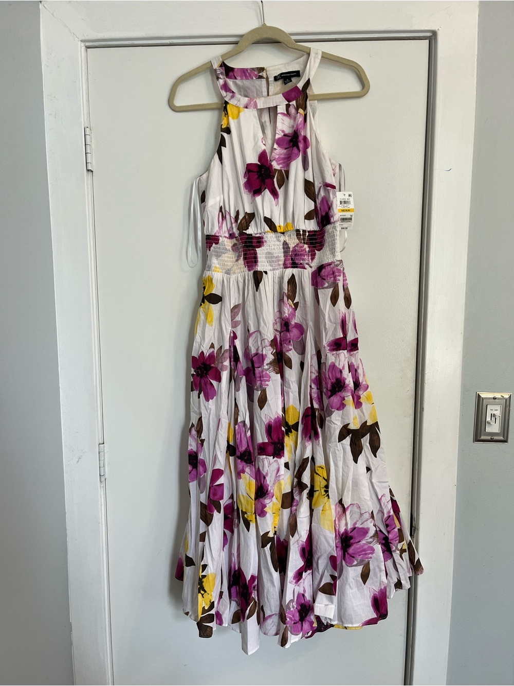 White Floral high neck Maxi Dress full skirt purple Pink & Yellow flowers FLAWS